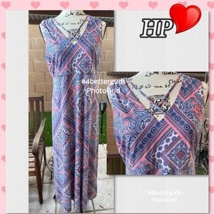 New R&K Petite Sleeveless Navy & Coral Pink Paisley Print Maxi Dress 12P 12 P